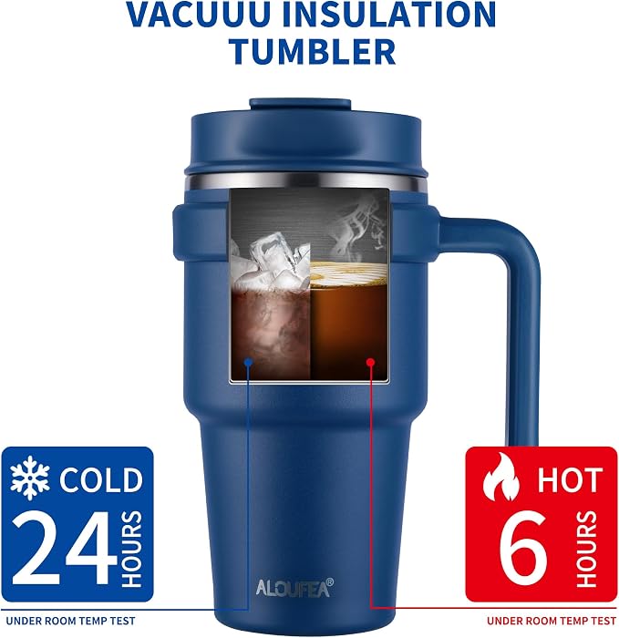 ALOUFEA 20 oz Insulated Coffee Mug Tumbler with Handle, Stainless Steel Travel Mug Tumbler with Lid and Straw,Double Wall Vacuum Leak Proof Ice Coffee Thermal Cup, Navy - Image 6