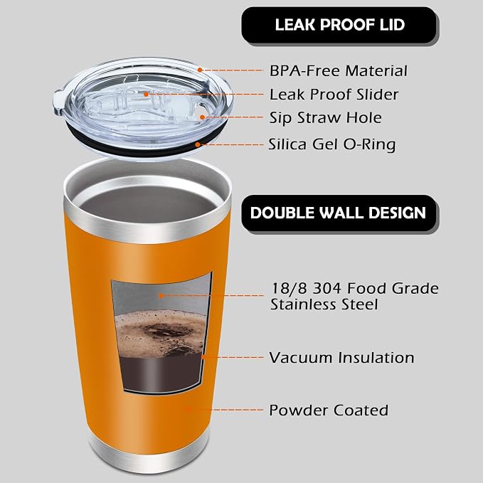 AIANJI 20oz Tumbler Bulk Stainless Steel Tumblers with Lid Vacuum Insulated Double Wall Travel Coffee Mug Powder Coated Tumbler Cup for Hot and Cold Drinks(Orange, 6 pack) - Image 3