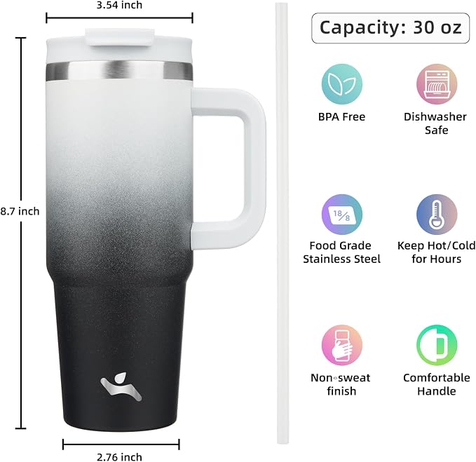 Konokyo 30 oz Tumbler with Handle and 2 Straws,2 in 1 Lid Insulated Water Bottle Stainless Steel Travel Coffee Mug,Day Night - Image 4