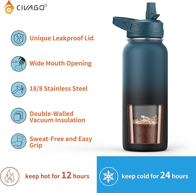 CIVAGO 22 oz Insulated Water Bottle With Straw, Stainless Steel Sports Water Flask Cup with 3 Lids (Straw, Portable Spout and Handle Lid), Double Walled Travel Thermal Canteen Mug, Dark Night - Image 3