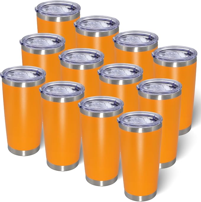 AIANJI 20oz Tumbler Bulk Stainless Steel Tumblers with Lid Vacuum Insulated Double Wall Travel Coffee Mug Powder Coated Tumbler Cup for Hot and Cold Drinks(Orange, 12 pack) by AIANJI