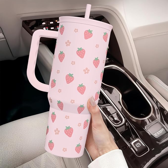 SANDJEST Strawberry Tumbler with Handle 40oz – Insulated Stainless Steel Travel Coffee Mug Cup for Girls Women, Gift for Christmas, Birthday - Image 8
