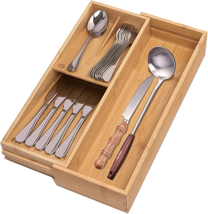 guiogc Bamboo Kitchen Drawer Organizer, Cutlery Tray by guiogc