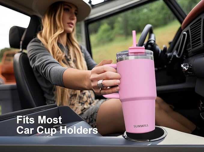 SUNWILL Travel Coffee Mug with Lid, 20 oz Tumbler with Handle and Straw Leak Proof, Stainless Steel Cup Insulated for Office & Gym, Cupholder Friendly, Powder Coated Pink - Image 6
