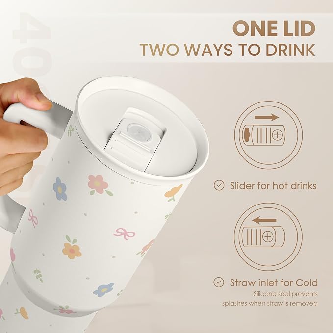 Floral 40oz Slider Tumbler with Handle and Straw - Insulated Stainless Steel Travel Coffee Mug for Women Girls, Gift for Birthday Christmas - Image 5