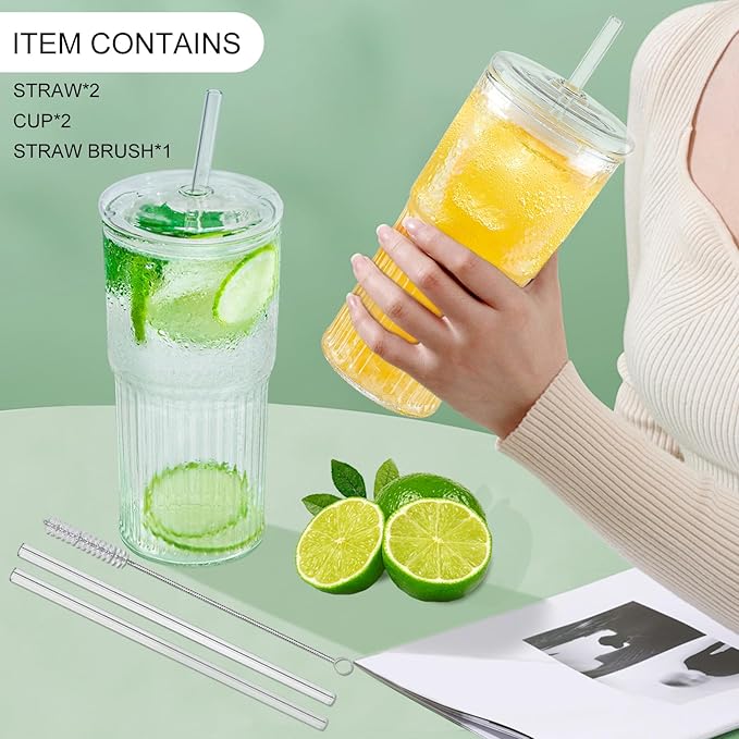 Luiaiog Glass Cups with Lids and Glass Straws, High Borosilicate 20OZ Tumblers (2Pcs) for Coffee, Tea, Juice, Smoothies, Hot/Cold Drinks at Home, Office（Christmas Creative Drink Label Design） - Image 6