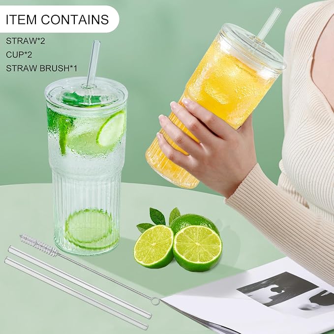 Luiaiog Glass Cups with Lids and Glass Straws, High Borosilicate 20OZ Tumblers (2Pcs) for Coffee, Tea, Juice, Smoothies, Hot/Cold Drinks at Home, Office - Image 7
