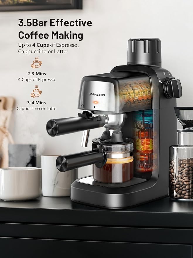 KEENSTAR 3.5Bar Espresso Machine 800W, Compact 4-Cup Espresso Maker Preheat - Image 2