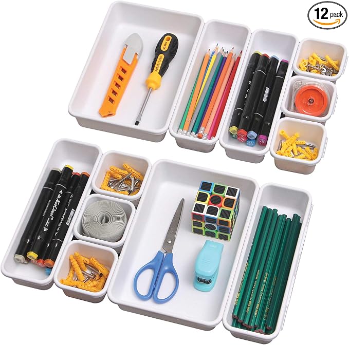 Set of 12 Interlocking Desk Drawer Organizer Tray Dividers Plastic Shallow by TENABORT