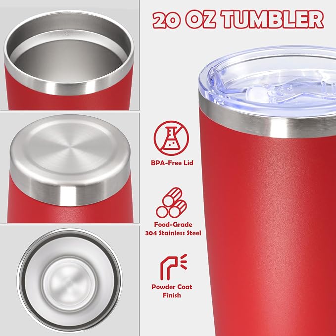 20oz Tumbler Stainless Steel Tumbler Cup with Lid Vacuum Insulated Double Wall Travel Mug, Durable Powder Coated Travel Coffee Tumbler Mug for Hot & Cold Drinks, Red,1 Pack - Image 3