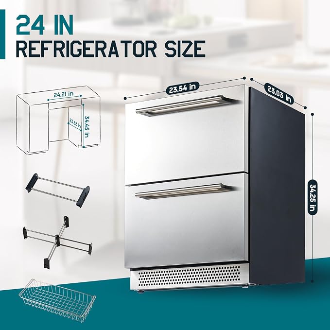 Albott 24 Inch Under Counter Drawer Fridge, Low Noise Beverage Refrigerator | Includes Stainless Steel Dual Drawers, LED Touch Control, Adjustable Storage, Frost-Free, 34-72℉ for Indoor or Outdoor Use - Image 9