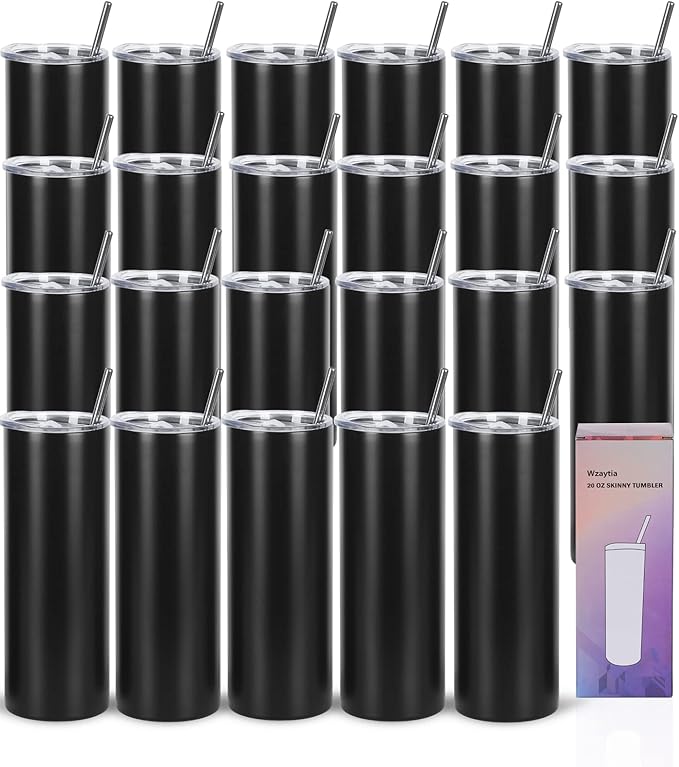 24 Pack 20 Oz Straight Skinny Tumblers,Individually Gift Boxed Stainless Steel Slim Skinny Tumbler Set Bulk, 20 Oz Insulated Slim Thin Travel Tumbler Cup for Diy, Black by Wzaytia