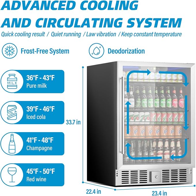 Erivess 24" Fridge 166 Can Wine and Beverage Refrigerator Cooler Glass Door | 5.3 Cu Ft Drink Fridge Large Capacity for Home/Bar with LED Display, Digital Temperature Control, Removable Shelves, Silver - Image 4