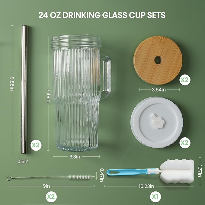 24oz Ribbed Glass Tumbler With Handle,4Pack Glass Cup with Lids and Straws,Reusable Glass Iced Coffee Cups With lids,Mason Jar Cup&Drinking Glasses for Smoothie,Shake,Juice,Soda Water,Tea,Travel Cup - Image 4