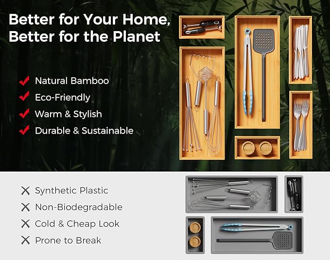 Bamboo Kitchen Drawer Organizer Boxes – 12" x 6" Stackable Wood Silverware - Image 9