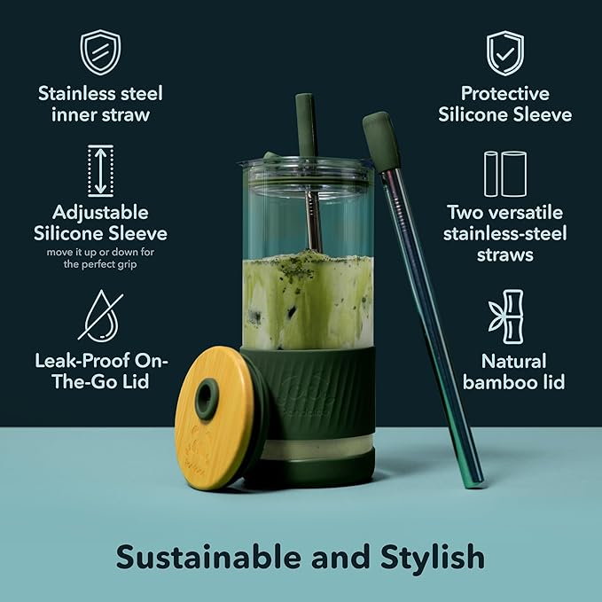 Pandaloo® Glass Cups With Lids and Straws -20 Fl Oz- Perfect Size Iced Coffee Cup - Smoothie Cup With Bamboo Lid and On the go Lid - Glass Tumbler (2 Count (Pack of 1), Boysenberry-Intense Teal) - Image 3