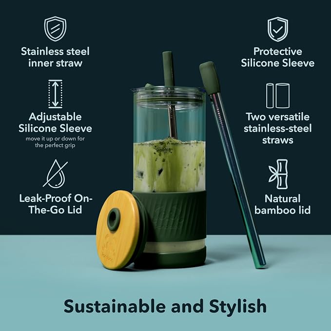 Pandaloo® Glass Cups With Lids and Straws -20 Fl Oz- Perfect Size Iced Coffee Cup - Smoothie Cup With Bamboo Lid and On the go Lid - Glass Tumbler (2 Count (Pack of 1), Amber Sand-Coton White) - Image 3