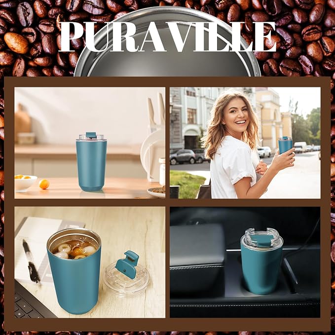 Puraville Insulated Tumblers with Lid, 10 oz Travel Coffee Mug Stainless Steel Vacuum Cup, Leak Proof Reusable Double Walled Coffee Tumbler for Iced and Hot Drinks, Peacock Blue - Image 7
