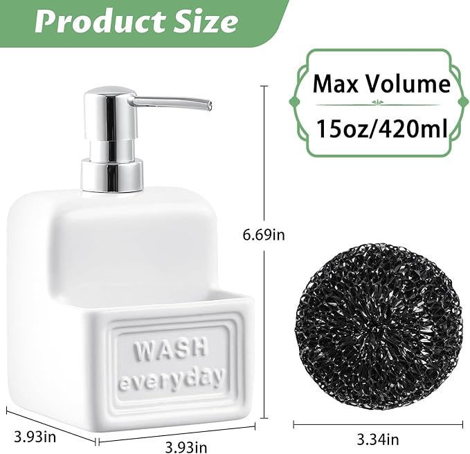 RQYIXI Soap Dispenser with Sponge Holder Ceramic Hand and Dish Soap Dispenser - Image 2