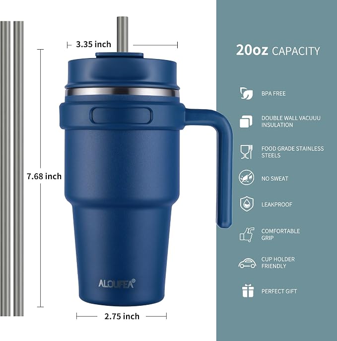 ALOUFEA 20 oz Insulated Coffee Mug Tumbler with Handle, Stainless Steel Travel Mug Tumbler with Lid and Straw,Double Wall Vacuum Leak Proof Ice Coffee Thermal Cup, Navy - Image 4