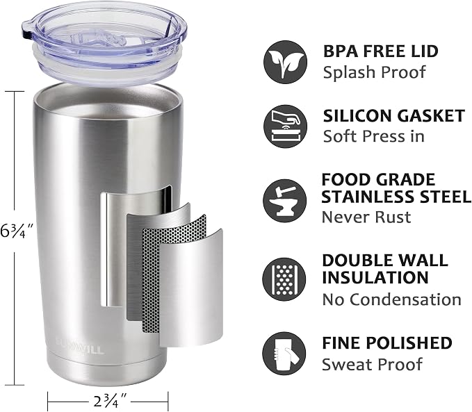 SUNWILL Travel Coffee Tumbler 20 oz, Stainless Steel Mug with Lid, Insulated Cup for Water, Tea, Hot and Cold Drinks, Silver - Image 2