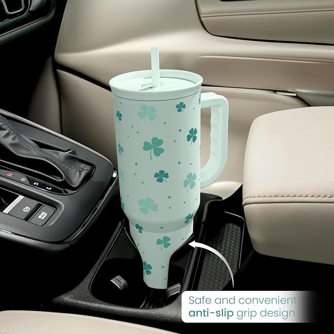 40oz Shamrock Tumbler with Handle and Straw - Insulated Stainless Steel Coffee Travel Mug, Christmas St. Patrick's Day Irish Gifts - Image 7