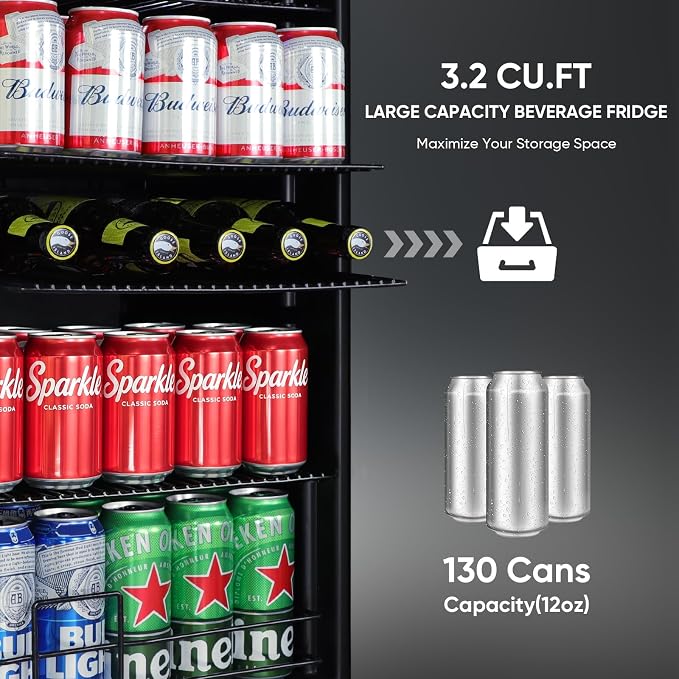 3.2 Cu.Ft Beverage Refrigerator, 130 Can Mini Fridge with Glass Door & Digital Temperature Control, Compressor Cooling Freestanding Cooler for Soda, Beer, Wine, Home, Office & Bar - Silver - Image 2