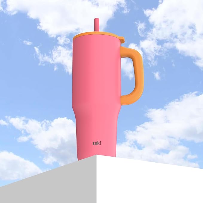 Zak Designs Sutton Travel Tumbler for On the Go, 40oz Stainless Steel with Vacuum Insulation, Silicone Straw, and Carry Handle for Cold Drinks (So Sweet Pink) - Image 3