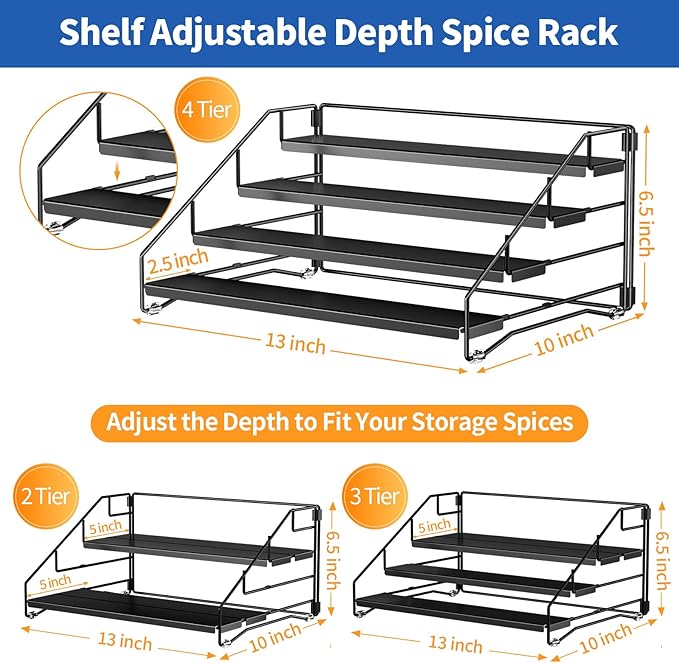 BOIVSHI 4 Tier Spice Rack for Cabinet, Spice Rack Organizer, Depth Adjustable - Image 4