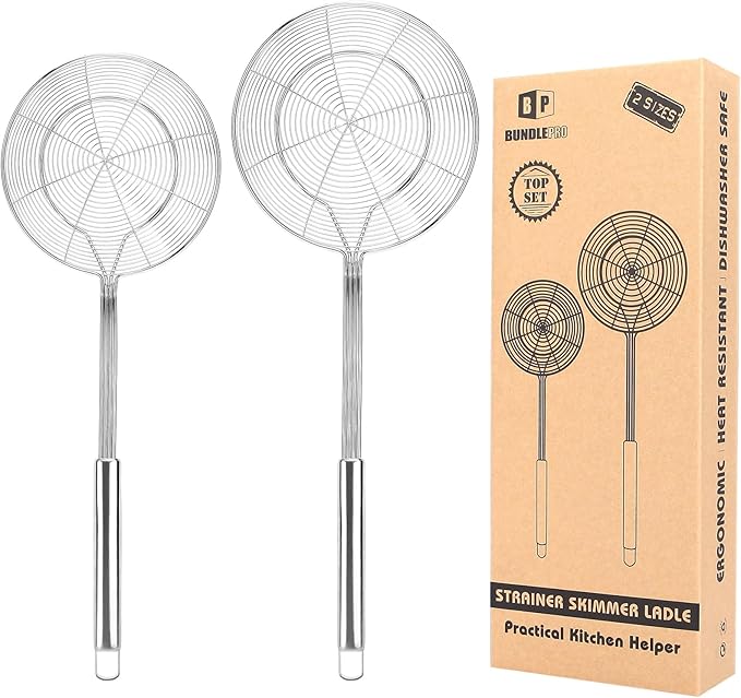 Pack of 2 Large Spider Strainer, Stainless Steel Skimmer Basket, Kitchen Ladle by BUNDLEPRO