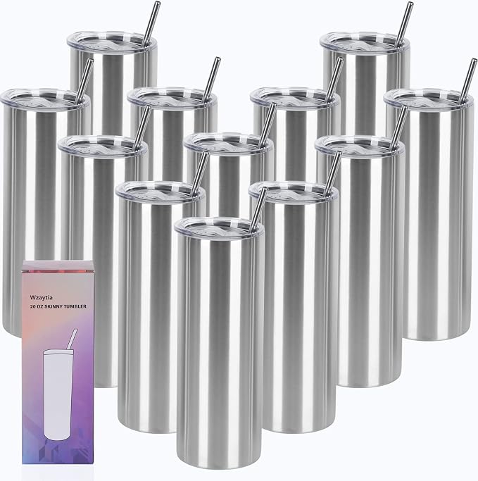 12 Pack 20 Oz Straight Skinny Tumblers,Individually Gift Boxed Stainless Steel Slim Skinny Tumbler Set Bulk, 20 Oz Insulated Slim Thin Travel Tumbler Cup for Diy, Silver by Wzaytia