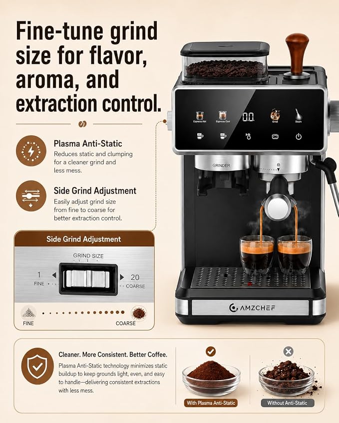 AMZCHEF Espresso Machine with Grinder, Latte & Cappuccino for Home Use - Image 3