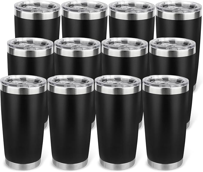 20oz Stainless Steel Tumbler Bulk with Lid, Travel Mug - Double Wall Vacuum Powder Coated Cup - Black, 12 Pack by Unknown