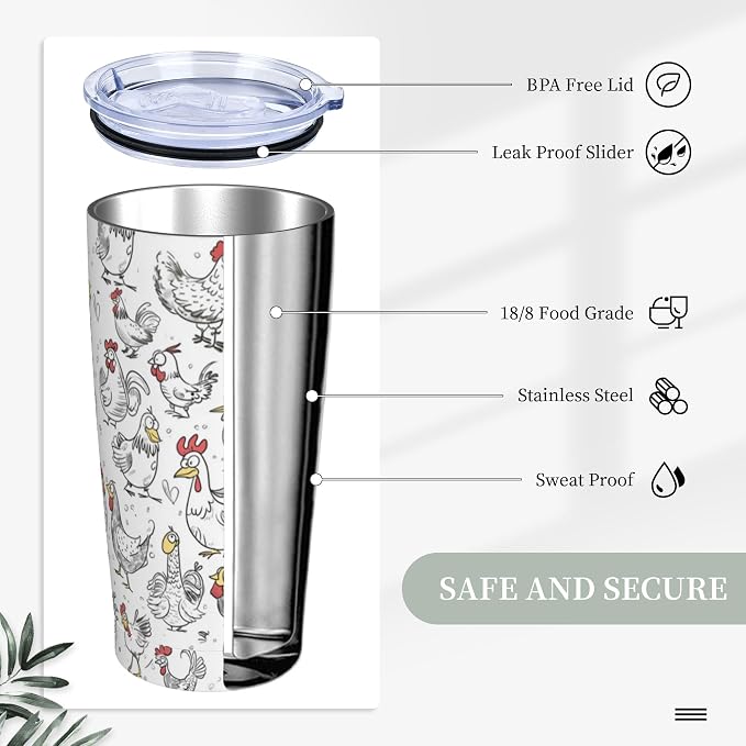 Chicken Tumbler with Lid and Straw 20oz Vacuum Insulated Coffee Cup Stainless Steel Tumblers Leakproof Travel Mug Present for Women Men - Image 3