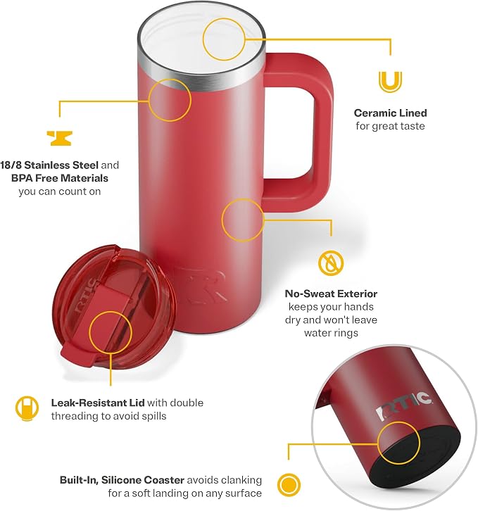 RTIC 20oz Road Trip Travel Mug with Lid and Handle, Ceramic Lined, Insulated, Stainless Steel, Metal, Double Wall Vacuum-Insulation, Portable Coffee, Tea Cup for Hot and Cold Drink, Flag Red - Image 4