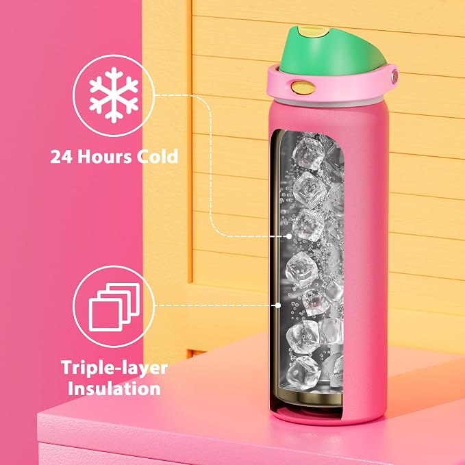 32 oz Insulated Water Bottle for Women: Meoky Stainless Steel Water Bottle with 2-in-1 Straw and Spout Lid - Leak Proof, Cold for 24 Hours, Protective Silicone Base, BPA-Free for Sports Gym, Ruby - Image 5