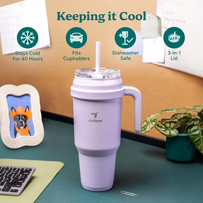 REDUCE 50 oz Stainless Steel Tumbler with Handle - Dual-Wall Vacuum Insulated Travel Mug, Sweat-Proof Lid & Reusable Straw - Keeps Drinks Cold for 24 Hrs, Fits Cupholders, Dishwasher Safe - Pink Clay - Image 3