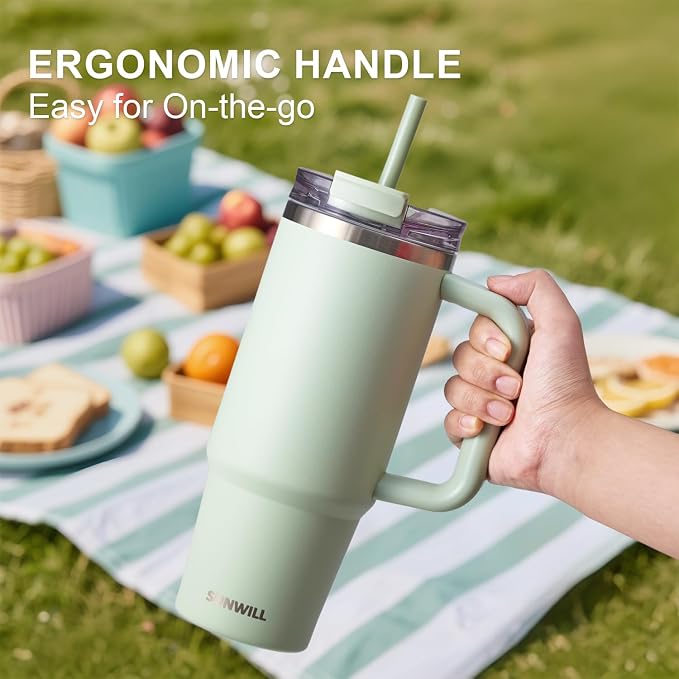 SUNWILL Coffee Tumbler with Handle, 30 oz Travel Mug with Lid and Straw Insulated, Stainless Steel Cup Leak Proof for Travel & Outdoor, Cupholder Friendly, Powder Coated Matcha Cream - Image 5