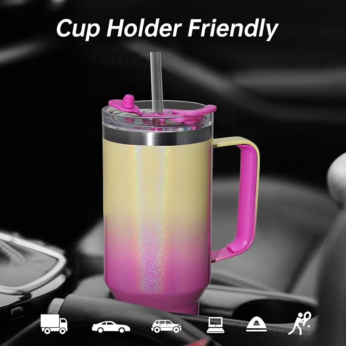 COKTIK 40 oz Tumbler With Handle and Straw, Insulated Tumbler With Leakproof Lids, Stainless Steel|BPA-Free, Cold for 24 H (Glitter Rainbow) - Image 5