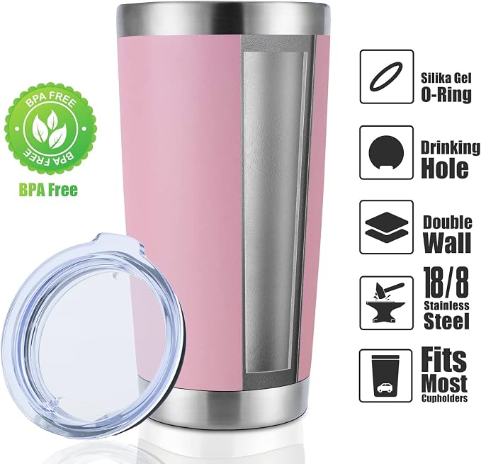 DOMICARE 20oz Stainless Steel Tumbler Bulk with Lid, Double Wall Vacuum Insulated Travel Mug, Powder Coated Coffee Cup, Pink, 4 Pack - Image 2