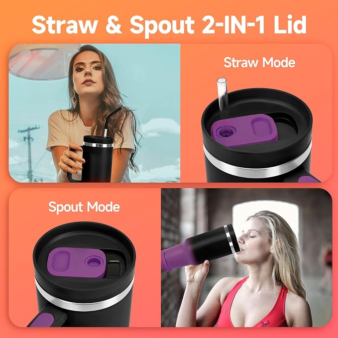 40oz Tumbler with Handle and Straw Spout 2-in-1 Lid, Spill Leak Proof Insulated Travel Cup Traveler Water Mug Keep Cold Hot, Dishwasher Safe Stainless Steel Bottle Gifts for Women Men, Black Purple - Image 4