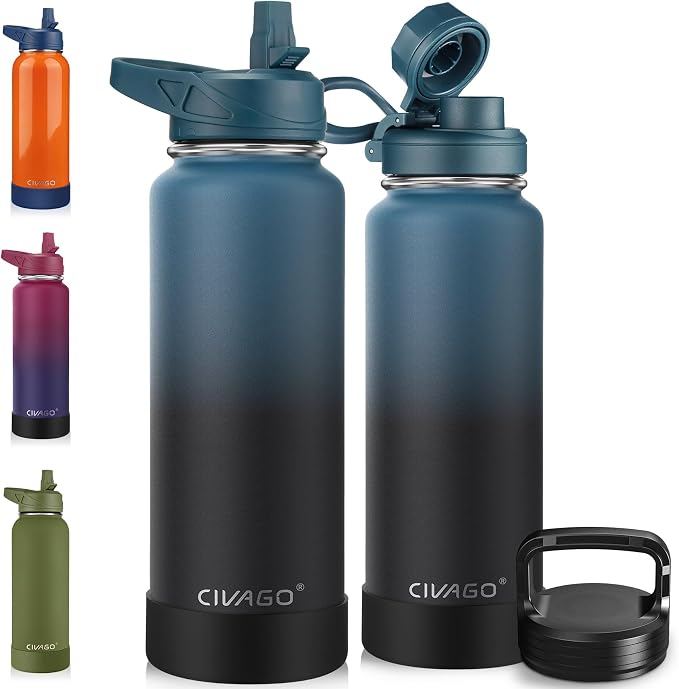 CIVAGO 40 oz Insulated Water Bottle With Straw, Stainless Steel Sports Water Cup Flask with 3 Lids (Straw, Spout and Handle Lid), Double Walled Travel Thermal Canteen Mug, Indigo Black by CIVAGO