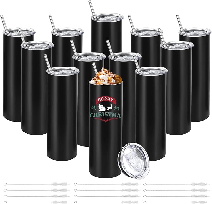 YOUKE OLA 12 Pack Stainless Steel Skinny Tumblers Bulk Straight Double Wall Insulated Tumbler with Lid and Straw for, DIY, Black, 20oz by YOUKEOLA