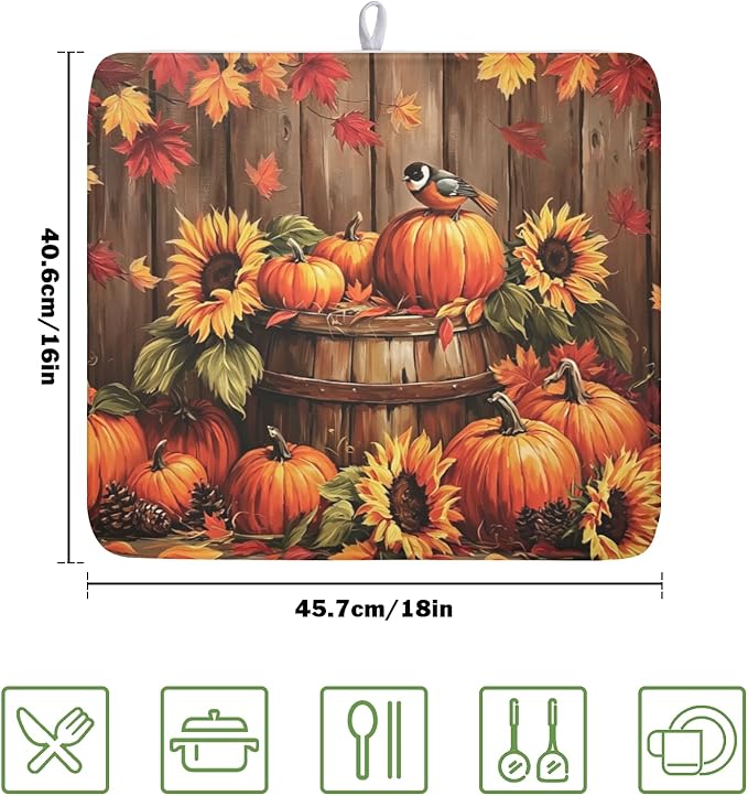 Fall Pumpkin Dish Drying Mat for Kitchen Counter Thanksgiving Autumn Harvest - Image 2