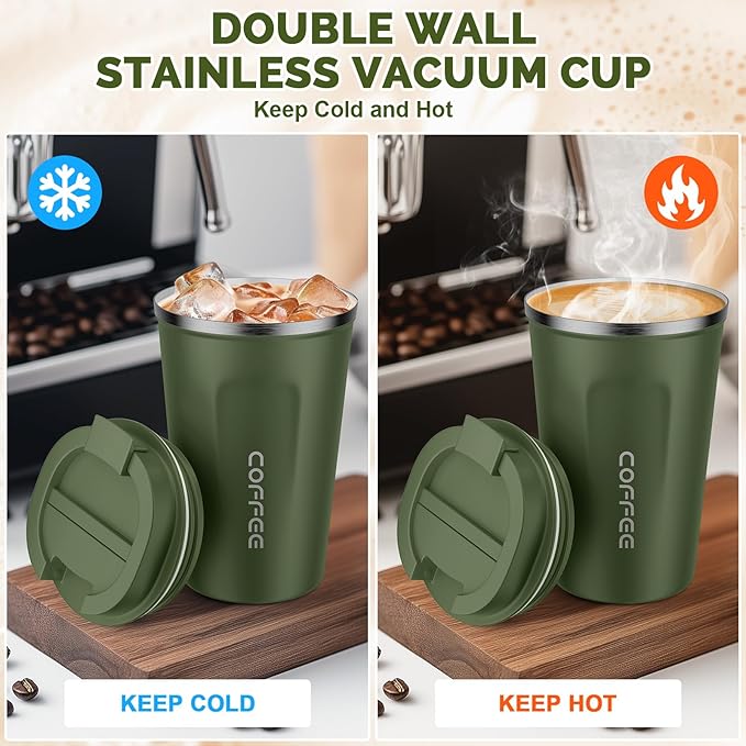 MOMSIV 12oz Travel Mug, Insulated Coffee Cup with Leakproof Lid, Vacuum Stainless Steel Double Walled Reusable Tumbler for Hot and Cold Water Coffee and Tea In Travel and Car Armygreen - Image 5