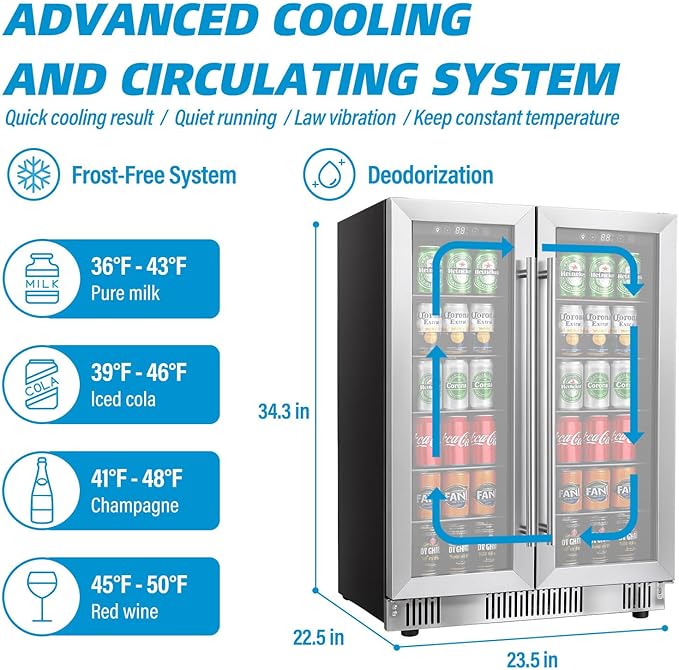 DOGHLY 24 Inch Dual Zone Beverage Refrigerator, 210 Cans Drink Fridge | Glass Door Cooler with Advanced Cooling for Soda Wine Beer, Built-in/Freestanding Beverage Fridge for Kitchen Bar Office - Image 5