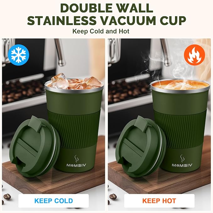 MOMSIV 12oz Travel Mug, Insulated Coffee Cup with Leakproof Lid, Vacuum Stainless Steel Double Walled Reusable Tumbler for Hot and Cold Water Coffee and Tea In Travel and Car Armygreen 380ML - Image 3