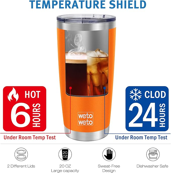 WETOWETO 20oz Tumbler with 2 lids and 2 straws, Stainless Steel Vacuum Insulated Water Coffee Tumbler Cup, Double Wall Powder Coated Spill-Proof Travel Mug Thermal Cup (Orange, 1 Pack) - Image 6