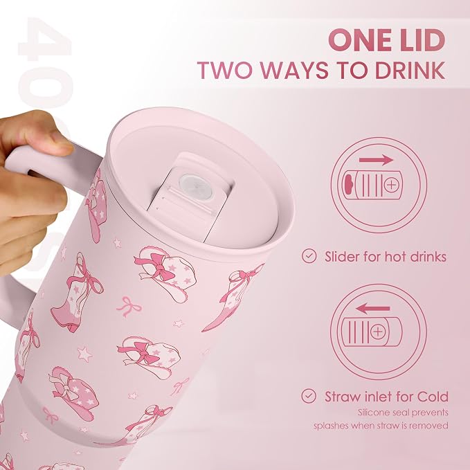 Cowgirl 40oz Slider Tumbler with Handle and Straw - Insulated Stainless Steel Travel Coffee Mug for Women Girls, Gift for Birthday, Christmas - Image 4