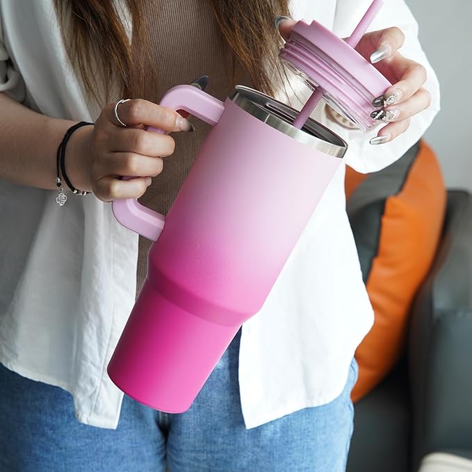 Konokyo 40 oz Tumbler with Handle and 2 Straws,2 in 1 Lid Insulated Water Bottle Stainless Steel Travel Coffee Mug,Cherry Blossoms - Image 5
